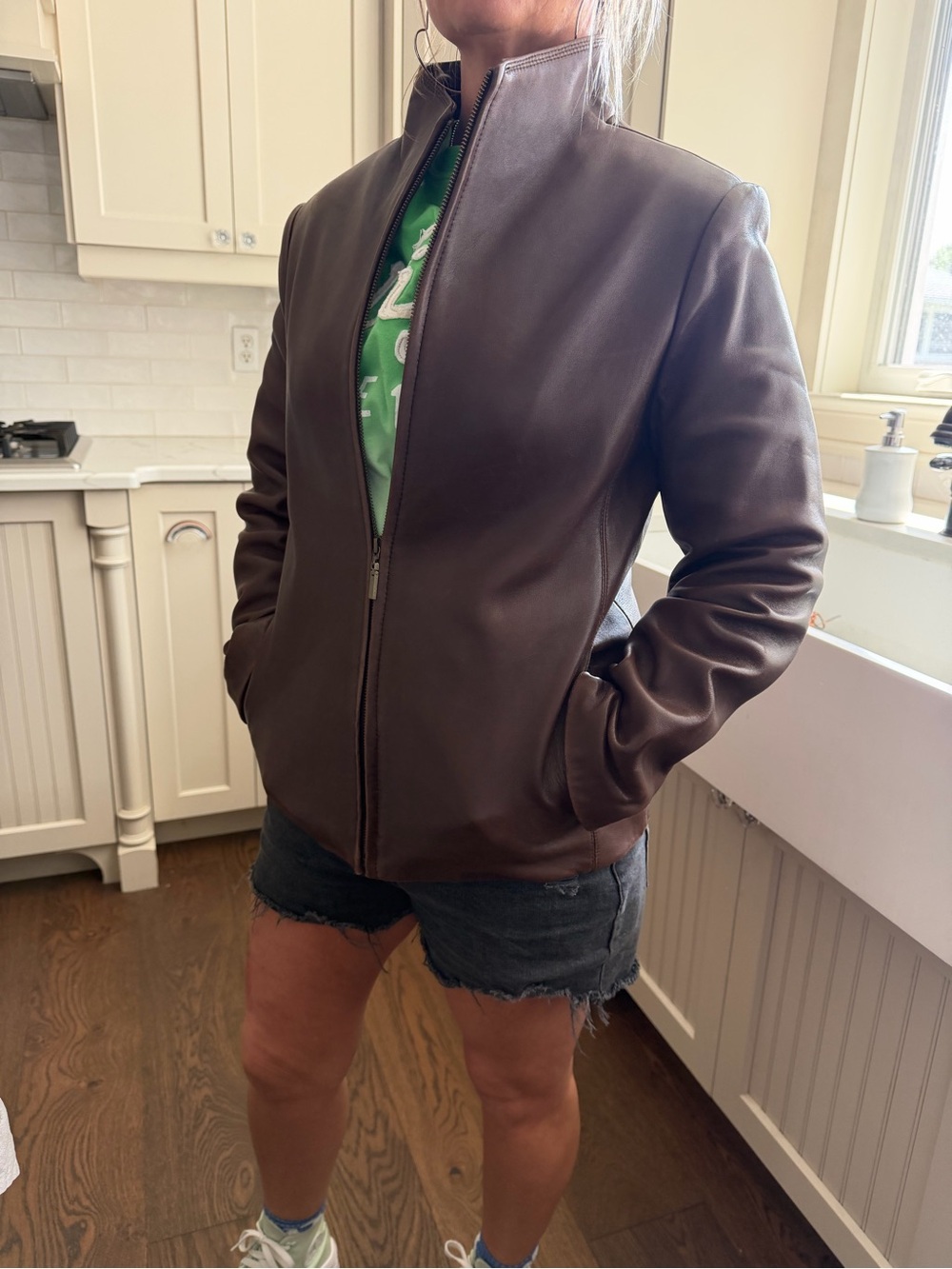 Brown Leather Zip-Front Jacket -